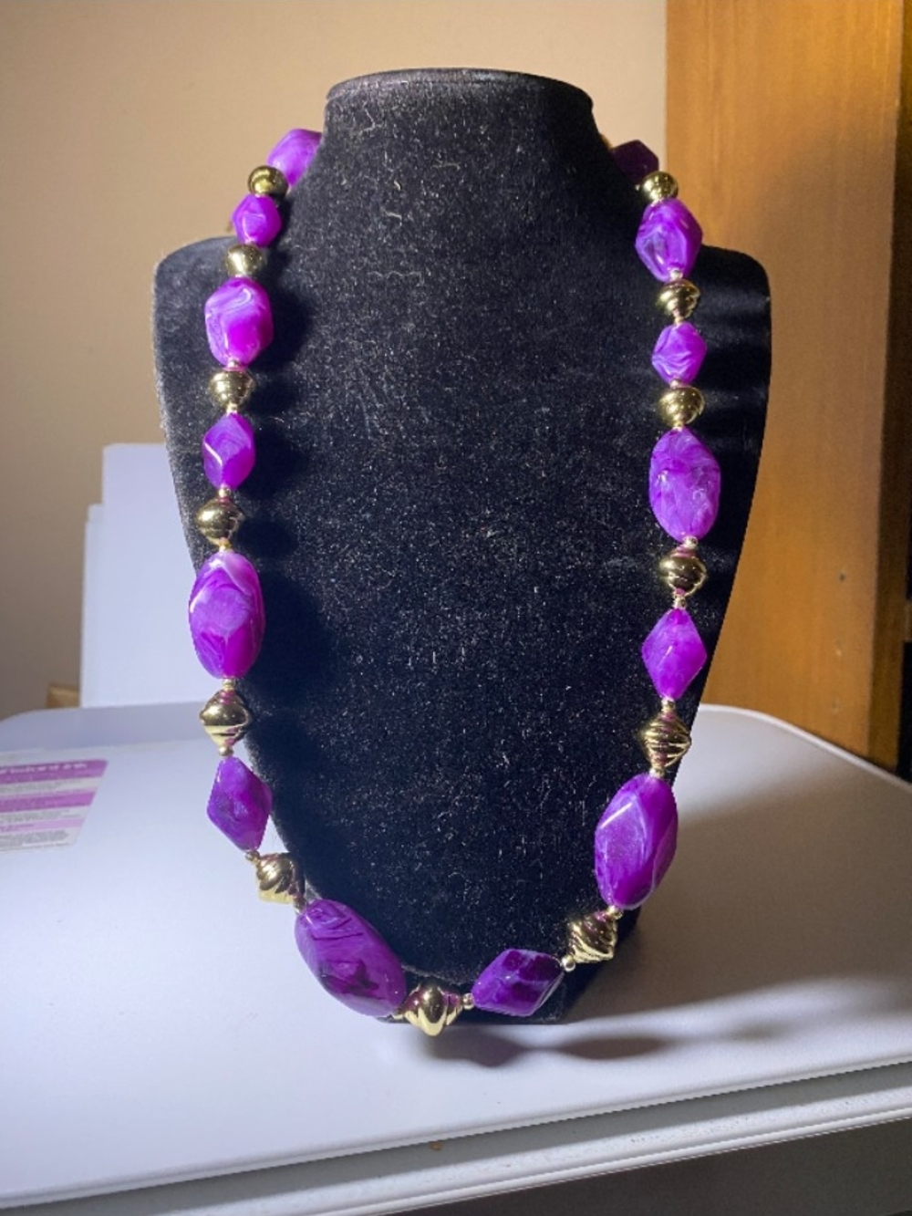 NWT Genuine Lucite Purple Bead Necklace with Gold Accents
